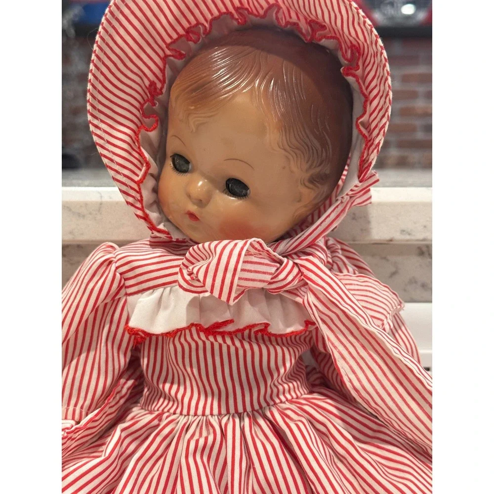 Vintage Baby Doll Red White Stripe Dress Bonnet Shoes Outfit